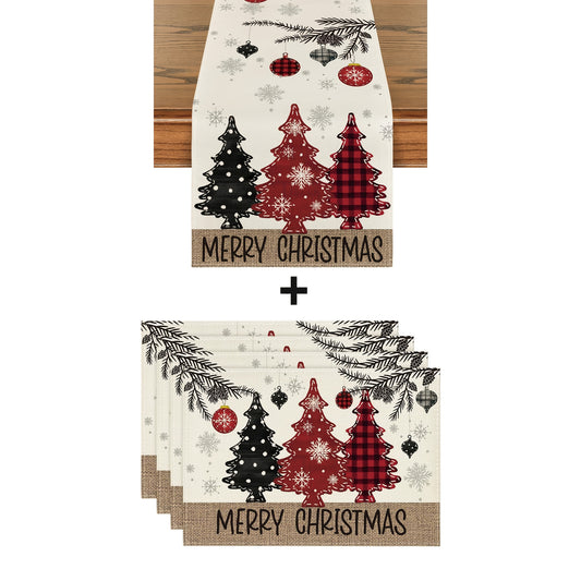 Christmas Table Runner and Placemats Set with Pine Pattern