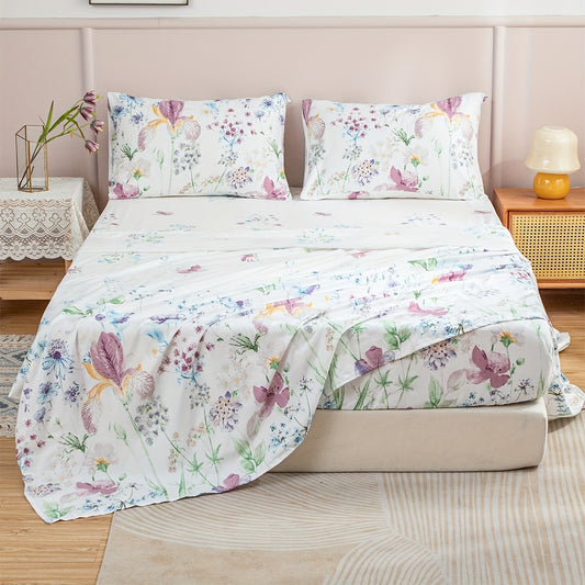 Flower Printed Fitted Sheet Set 4 Pieces Bedding For Bedroom