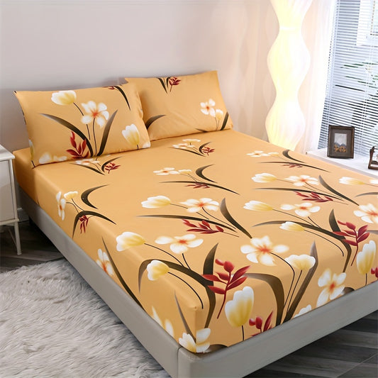 3 Piece Plant Print Polyester Brushed Fitted Sheet Set Pillowcases