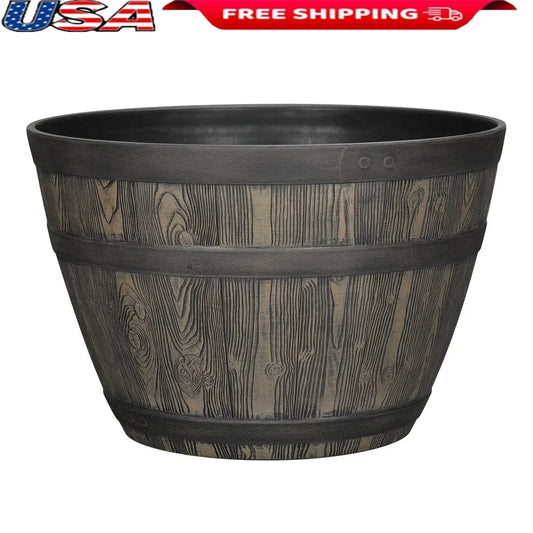 Rustic Whiskey Barrel Planter UV Resistant Brown Plastic Drainage Holes Suitable Indoor Outdoor Gardening Durable Flower Pot