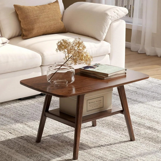 DAFIFY Walnut Oak Wood Coffee Table With Storage Shelf