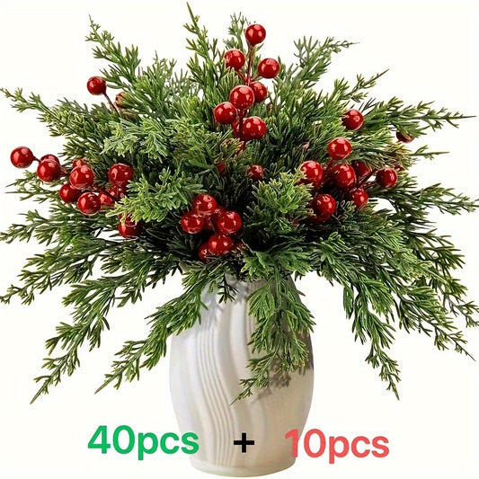 Christmas Plastic Pine Branches With Red Berries 50-Piece Set