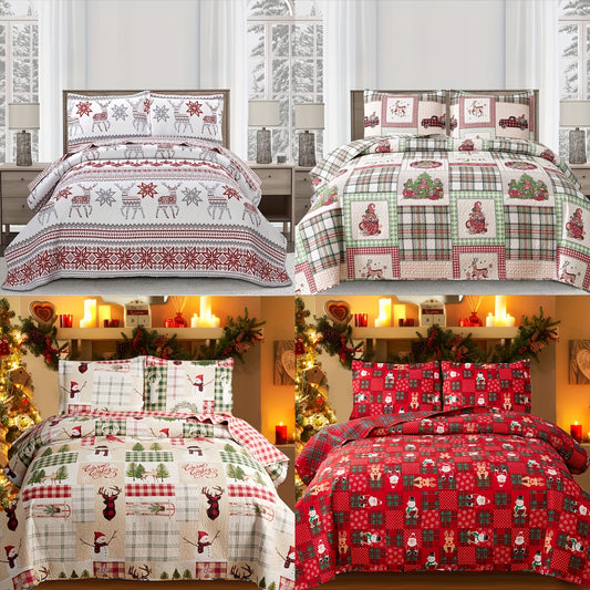 COVINA 3-Piece Christmas Bedding Set Microfiber Quilt Bedspread Reversible