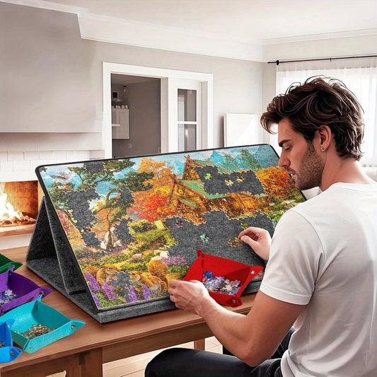 Portable Puzzle Board with 6-Color Sorting Trays, Suitable for 1000pcs Jigsaw Puzzles, Tilted Puzzle Mat with 2in 1 Stand and Lid, Lightweight Felt Tabletop Design